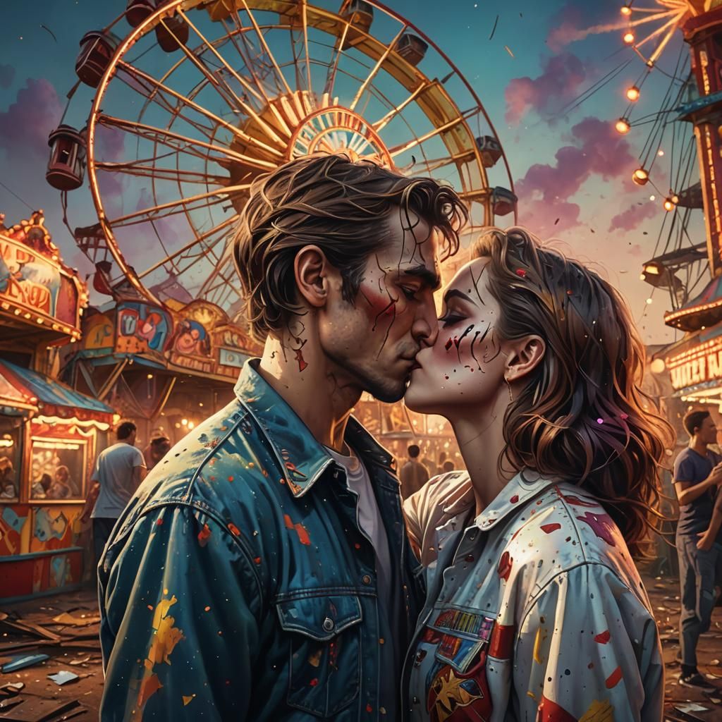 Kiss in Abandoned Carnival: Hyperrealistic Splash Art