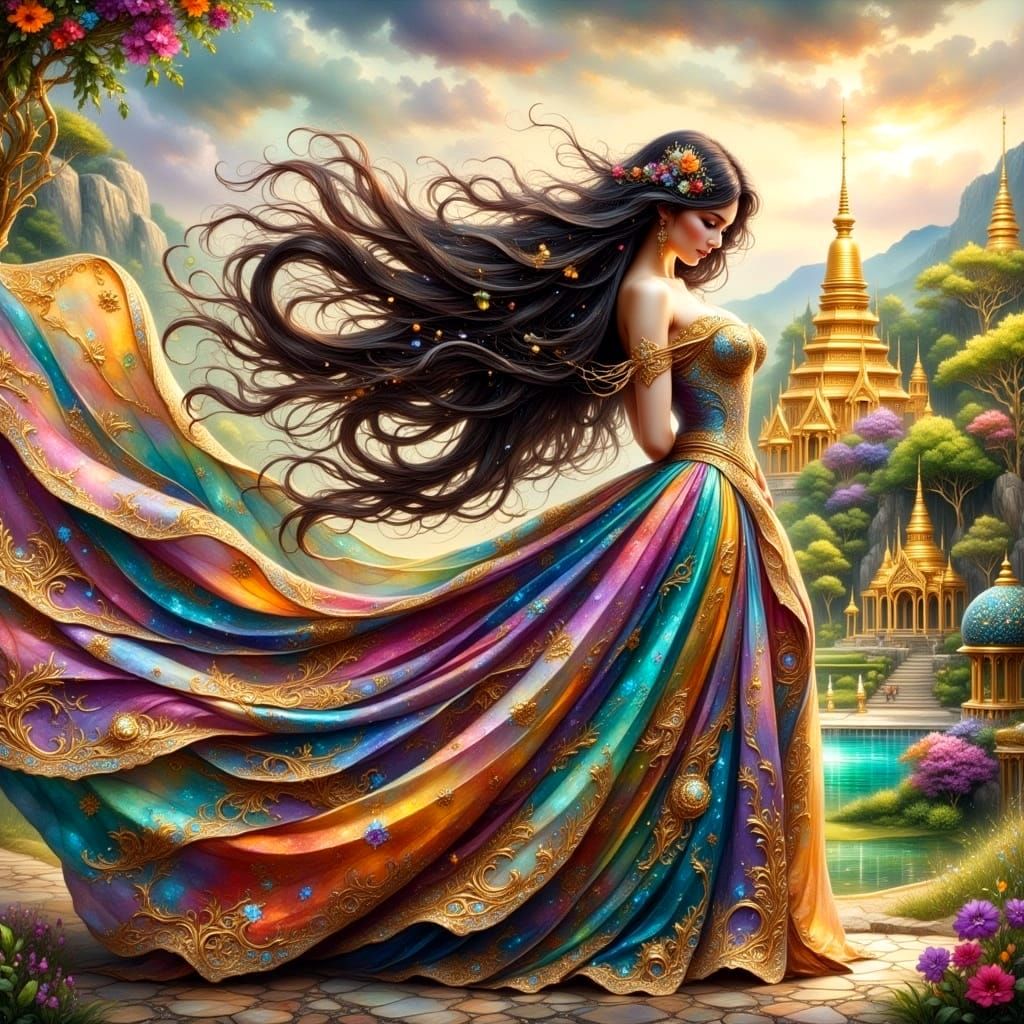 Art Nouveau Woman in Ornate Gown in Exotic Garden