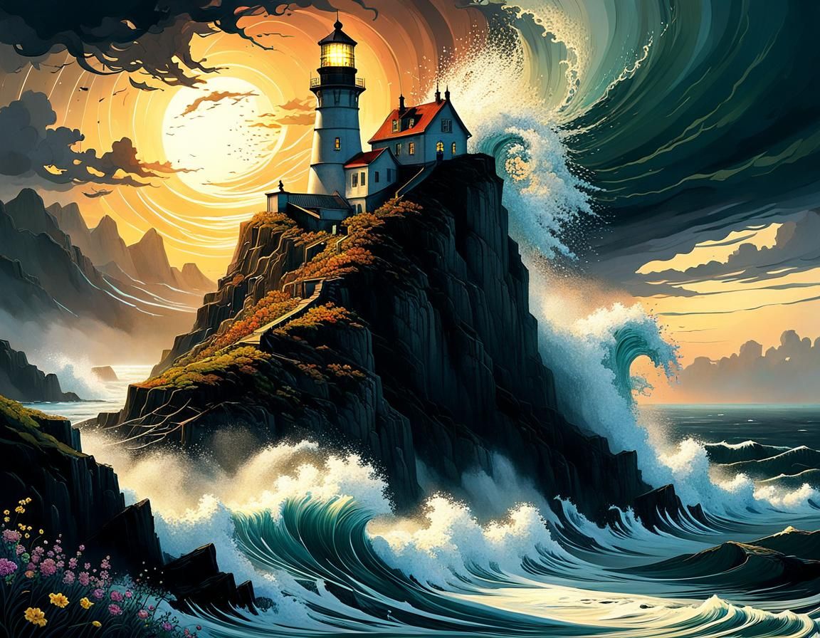 Luminous Lighthouse on a Breathtaking, Blooming Cliff in a T...