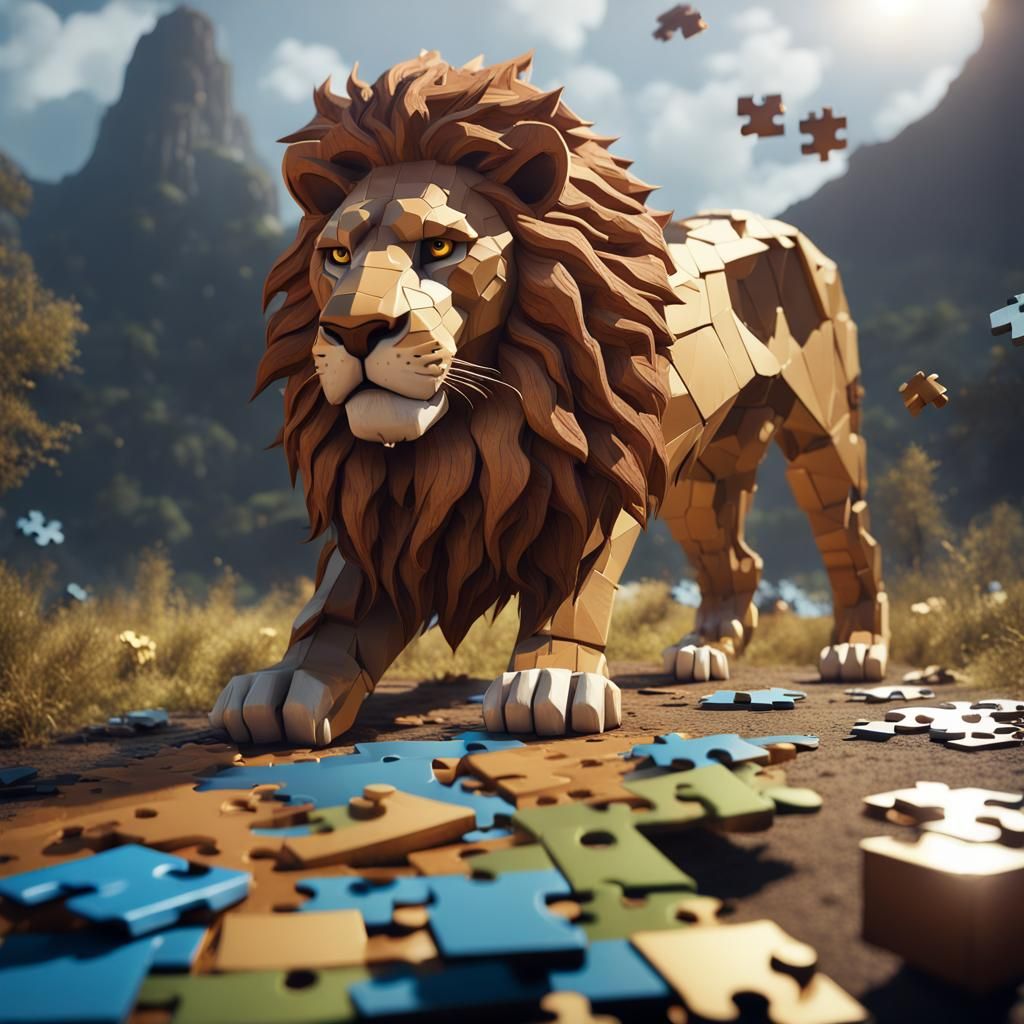 Puzzle Piece Lion Completes Itself: 3D Render
