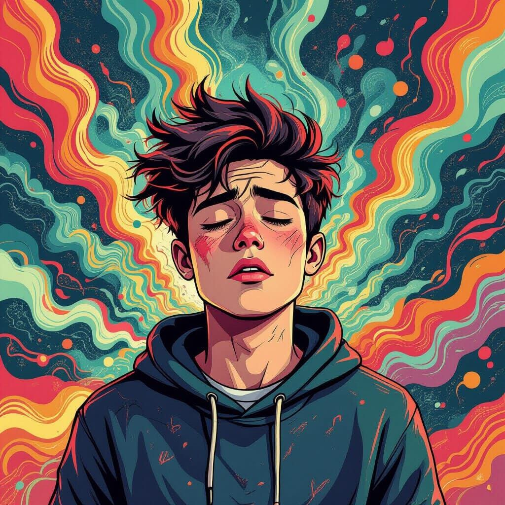 Distressed Person Amidst Swirling Chaos: Illustration