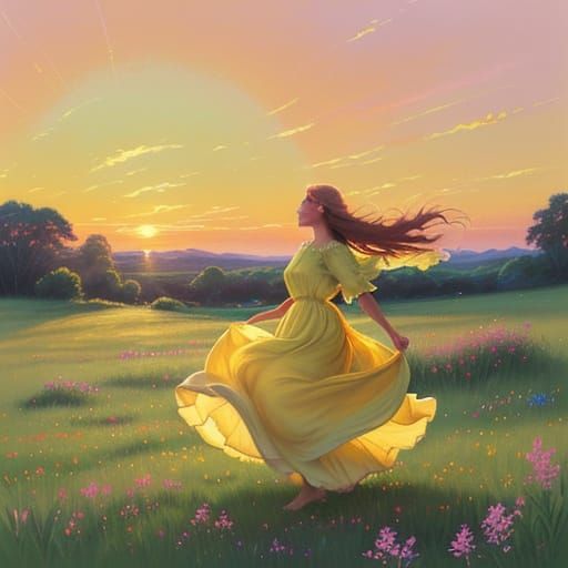 Ethereal Female Figure in a Lush Sunset Landscape