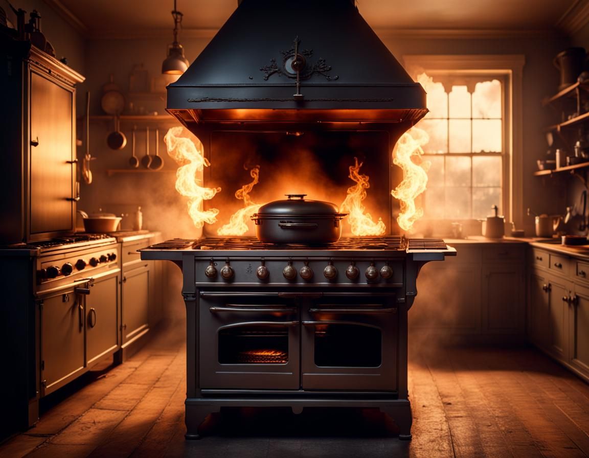 Anthropomorphic Oven Breathing Fire in Victorian Kitchen