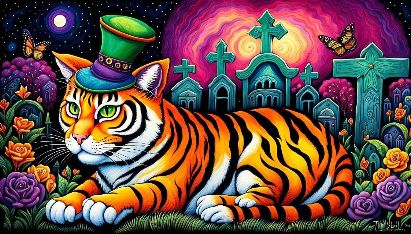 Whimsical Mardi Gras Cat Ride in Mixed Media