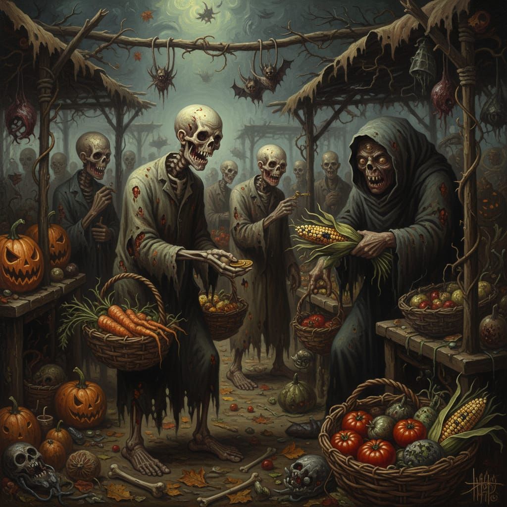 Macabre Farmer's Market Scene with Skeletons and Zombies
