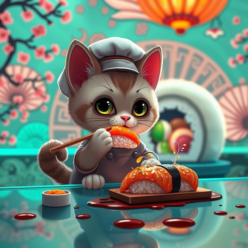 Vibrant Cartoon Kitty Cat at Sushi Bar, Inspired by Cyberpun...