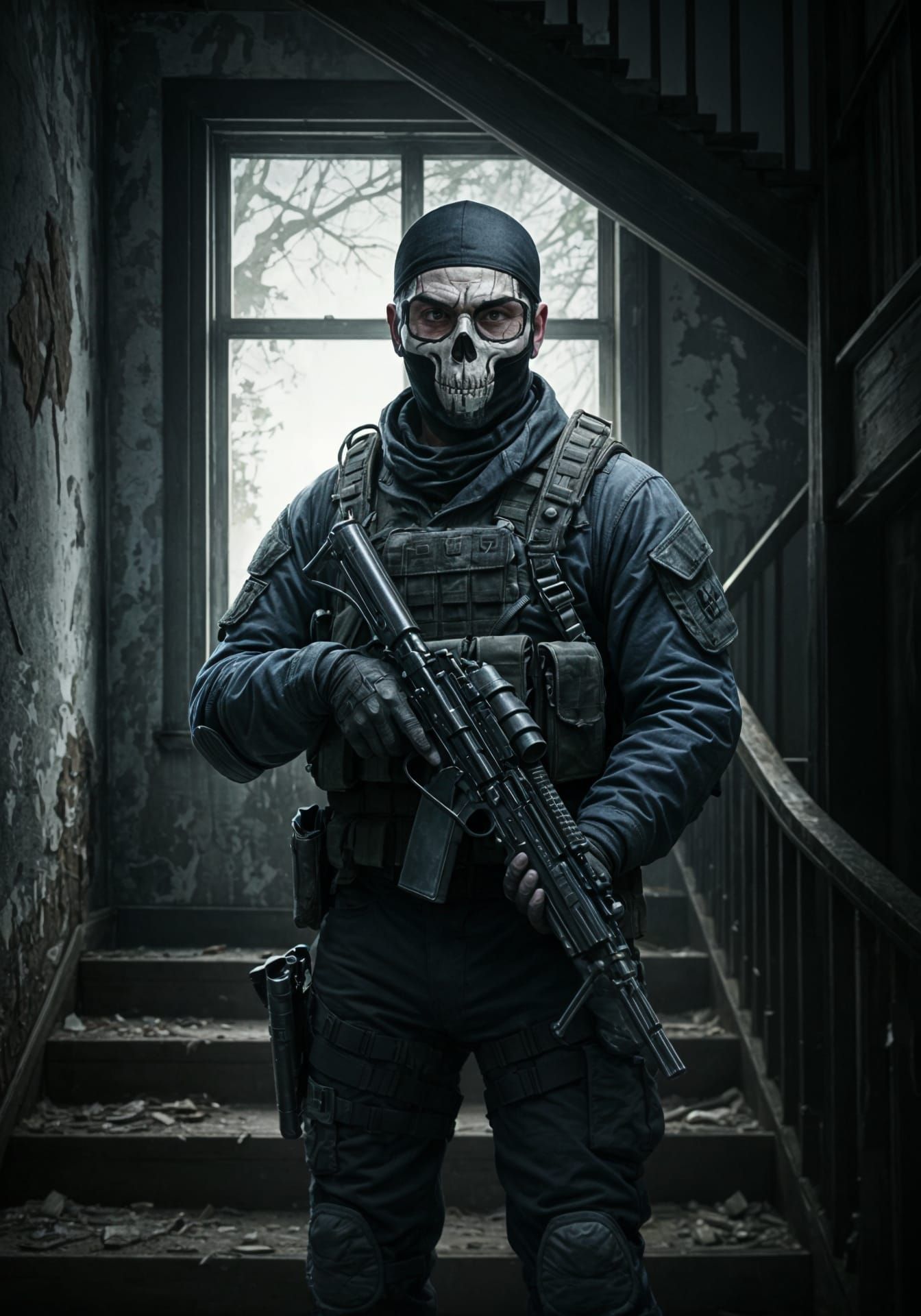 Ghost Riley Poses Boldly in Dilapidated House