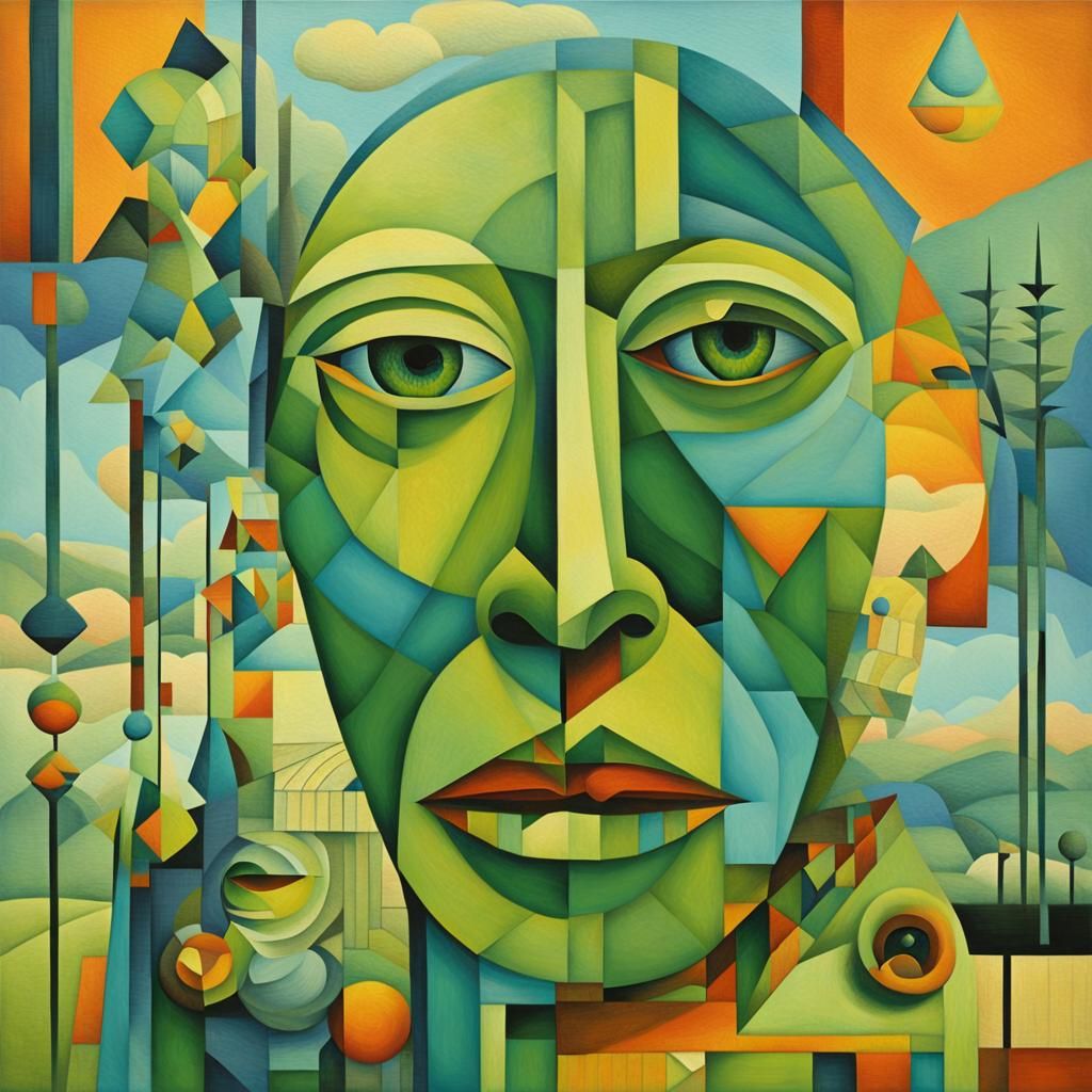 Cubist Avocado Sky with Geometric Human Form