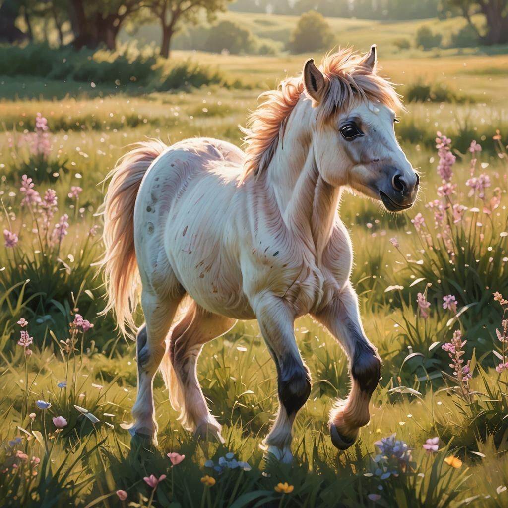 Adorable Foal Playing in Sunny Meadow, Whimsical 3D Art