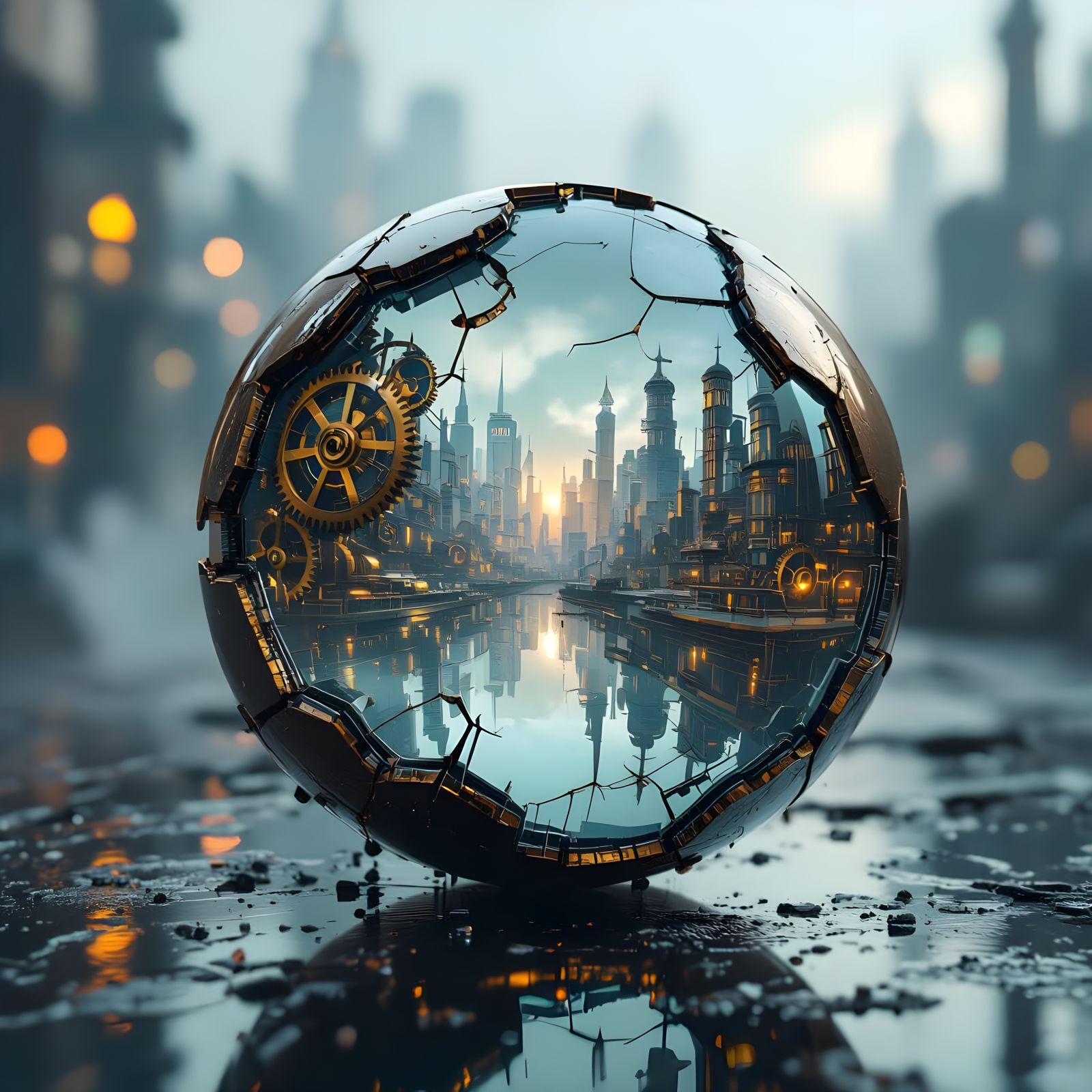 Cracked Mirror Sphere Reveals Steampunk City in Splash Art