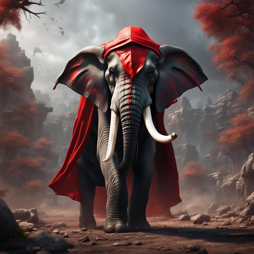 Elephant in Red Hood Fighting: Fantasy Concept Art