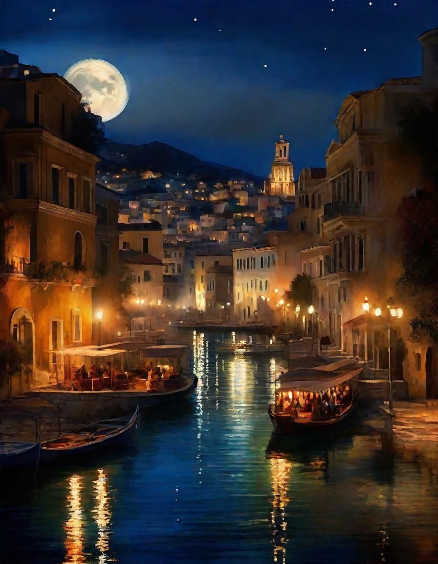 Ancient Greek Cityscape Under Full Moonlight