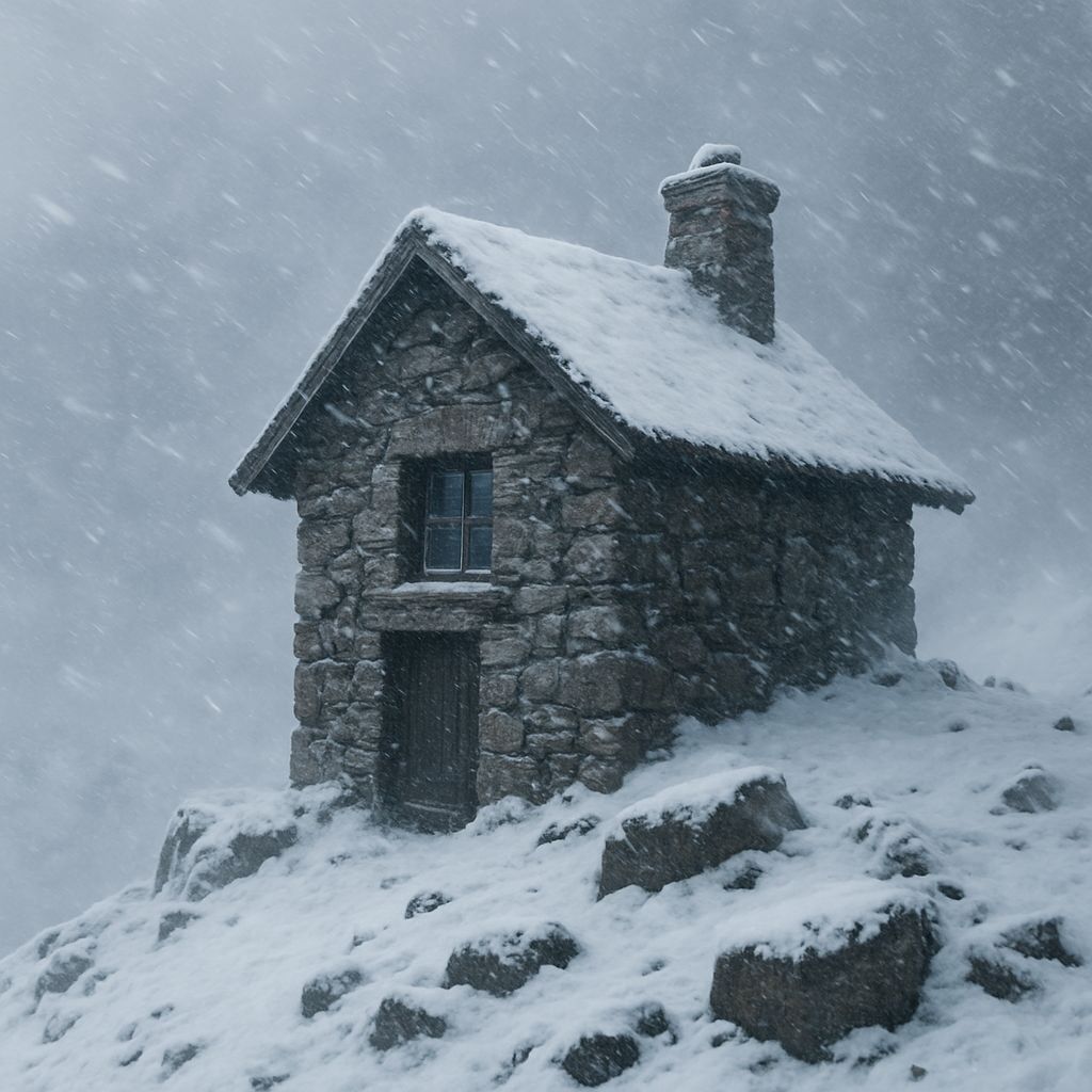 Photorealistic Stone Cabin in Blizzard on Mountain Top
