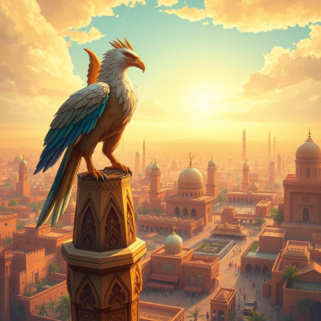 Griffin Perched Atop Minaret in Arabian City