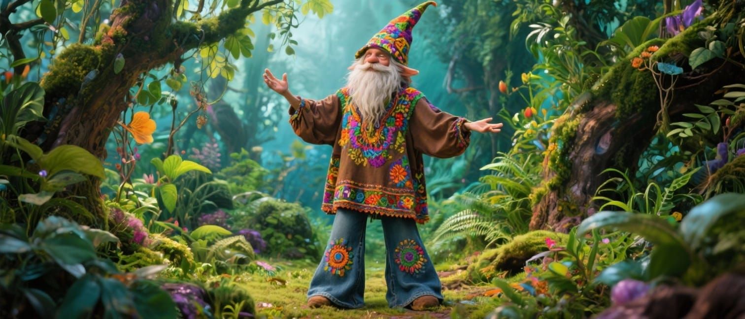 Modern Hippie Gnome in Lush Greenery