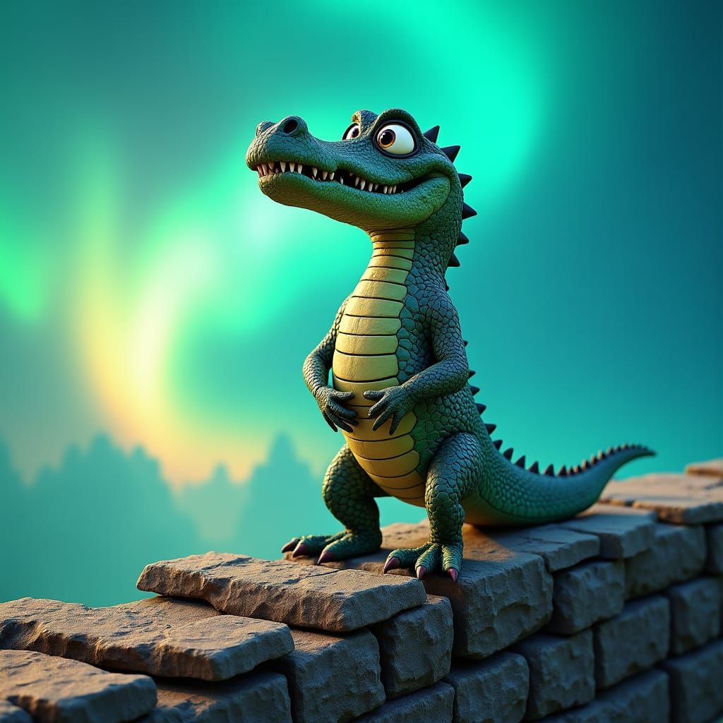 Crocodile on Ancient Wall in Stylized 3D