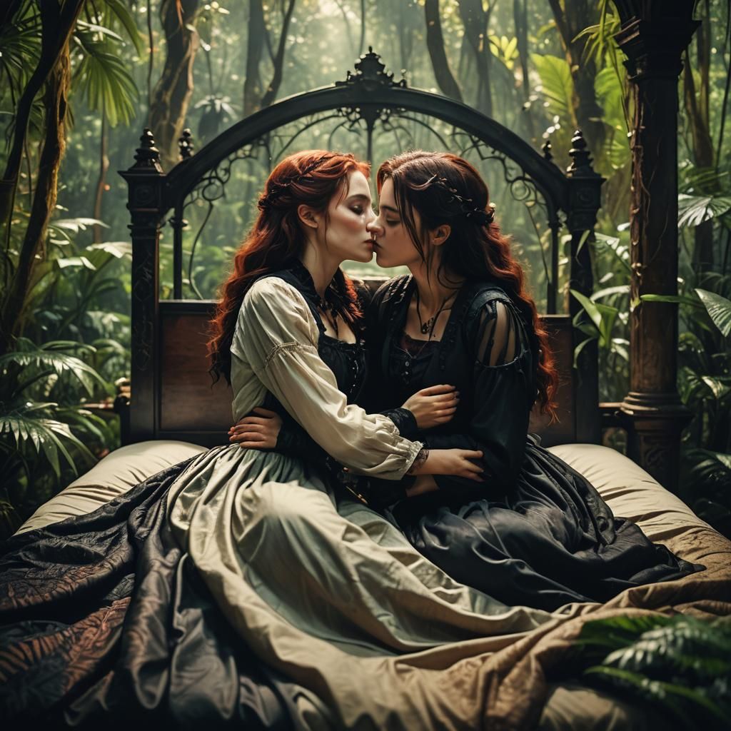 Passionate Embrace in Rainforest: A Gothic Film Still