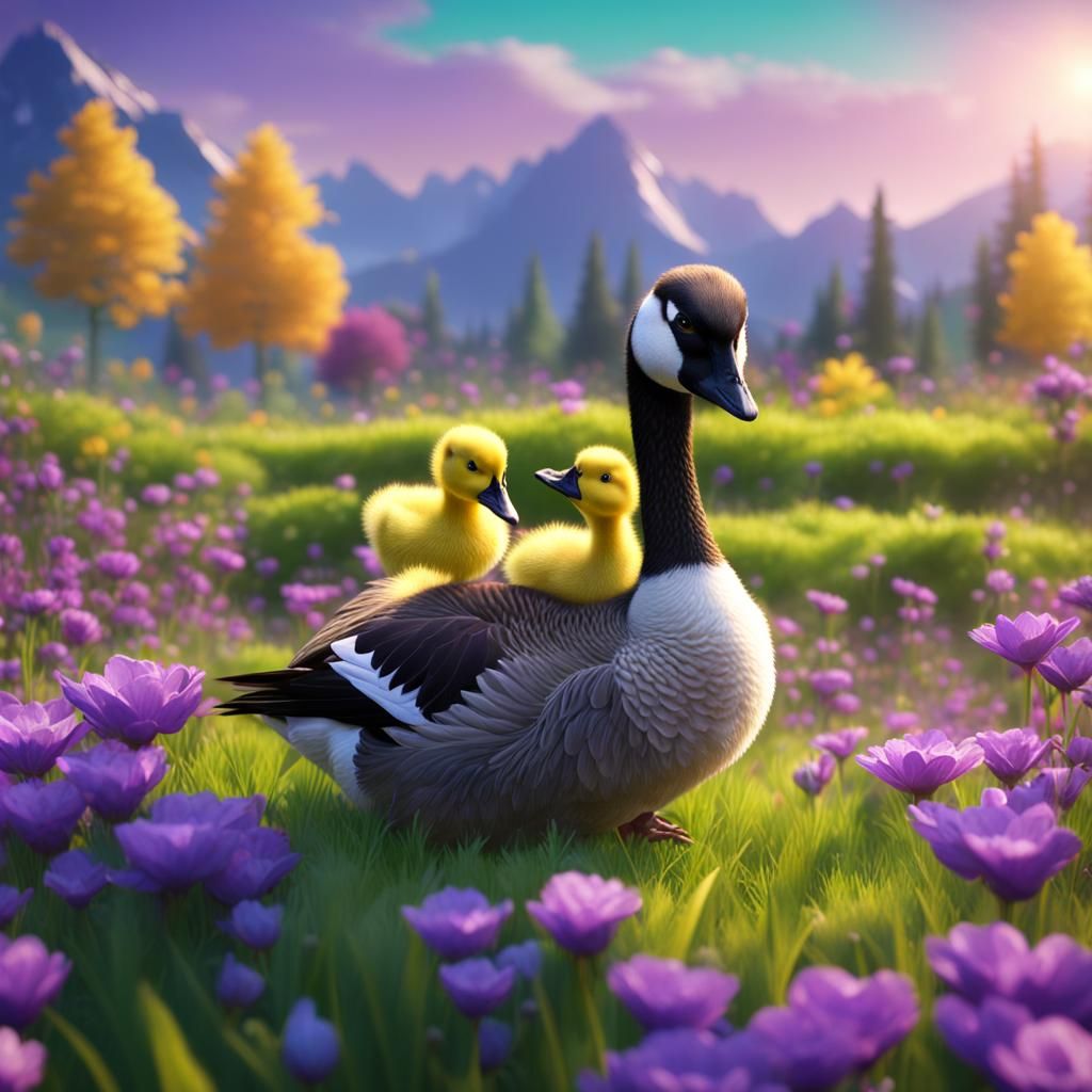Cute Geese and Duckling in a Flower Field