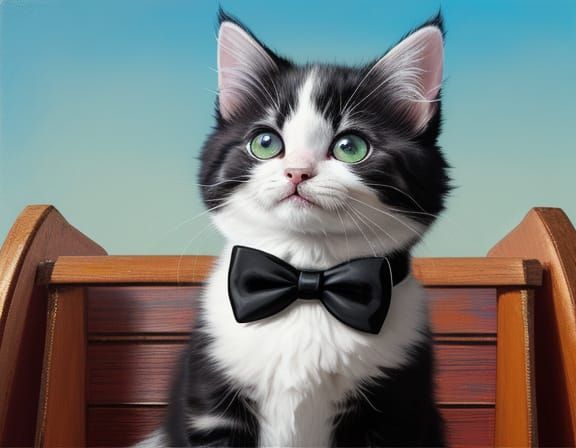 Fluffy Kitten in Tuxedo on Throne Oil Painting