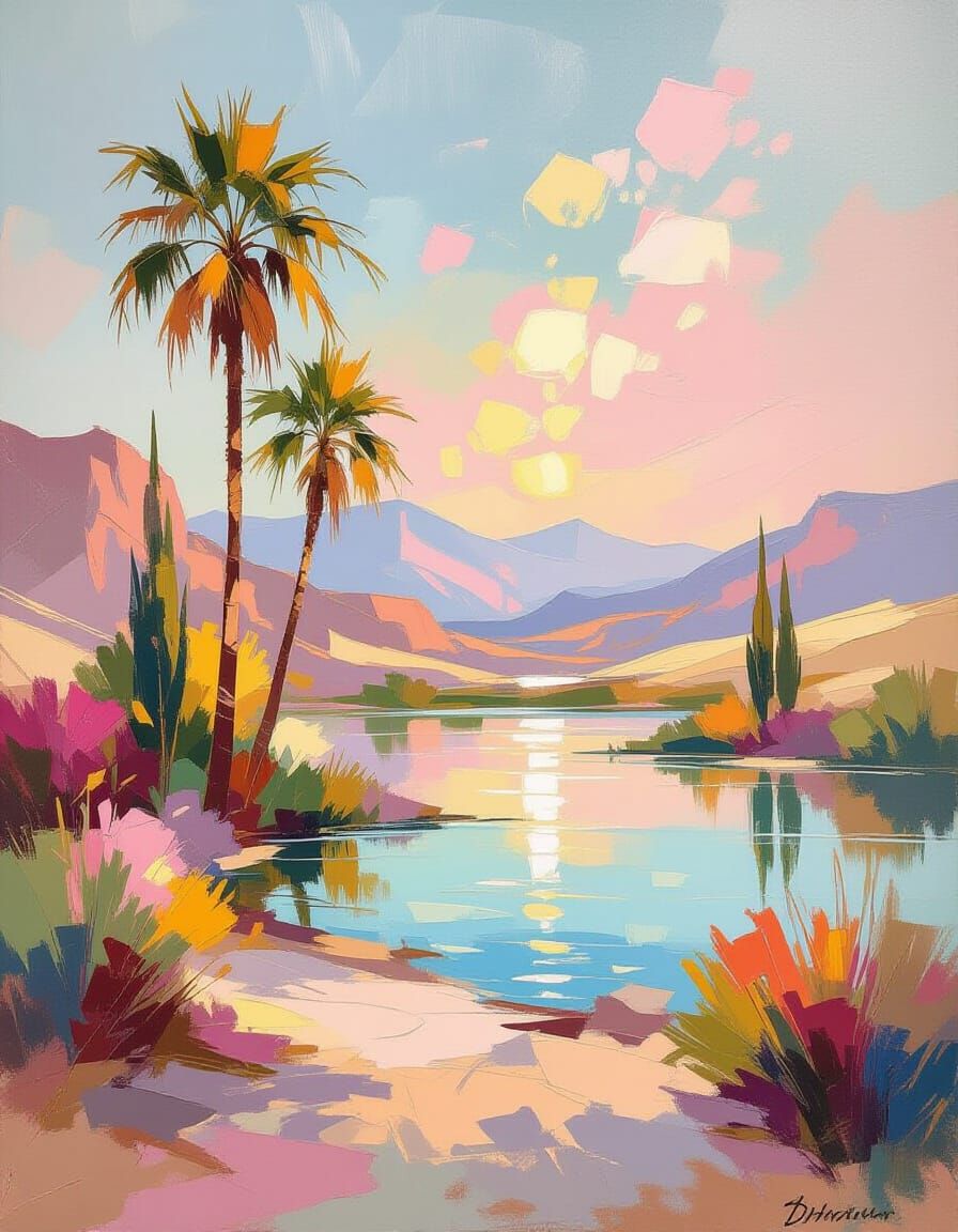 Desert Oasis in Impressionistic Style
