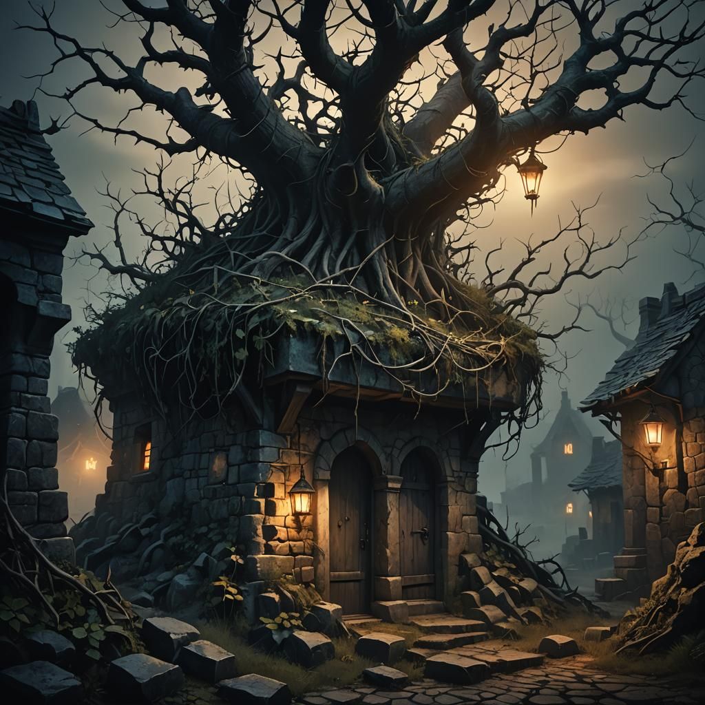 Ominous Village Well in Dark Fantasy Style