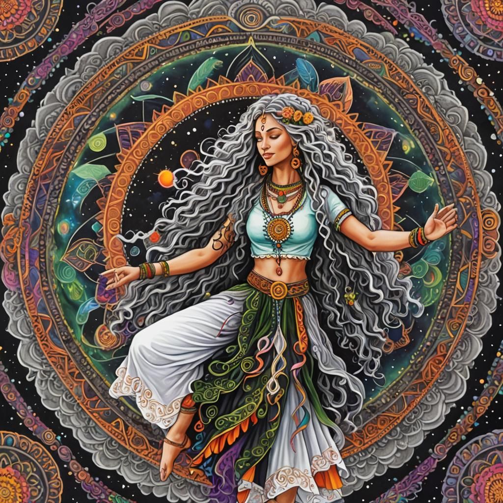 Cosmic Woman Dancing with Mandala and Tribal Elements