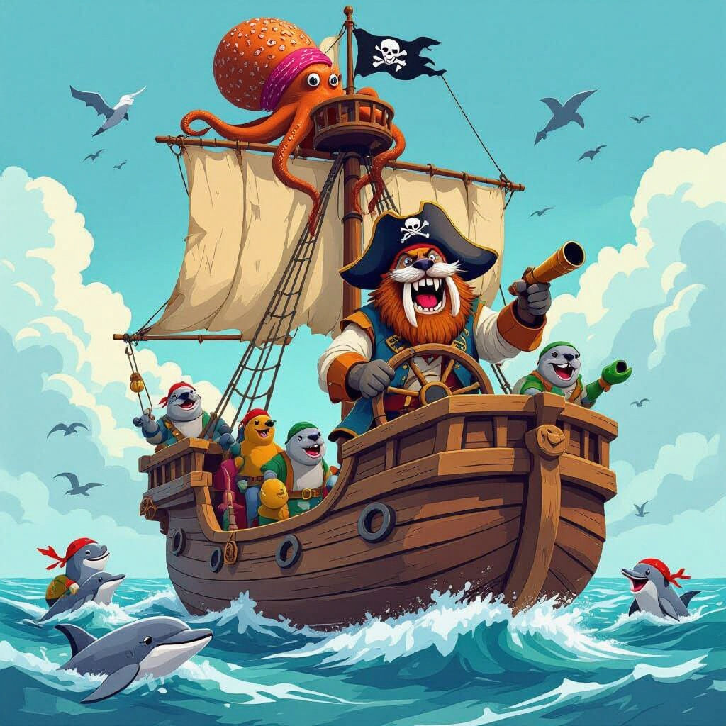 Cartoon Pirate Ship with Walrus Captain and Animal Crew