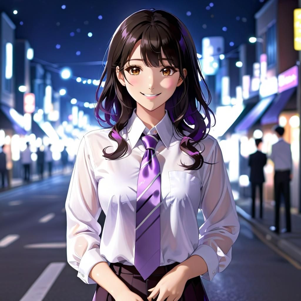 Anime Woman with Lavender Tie in Night Street