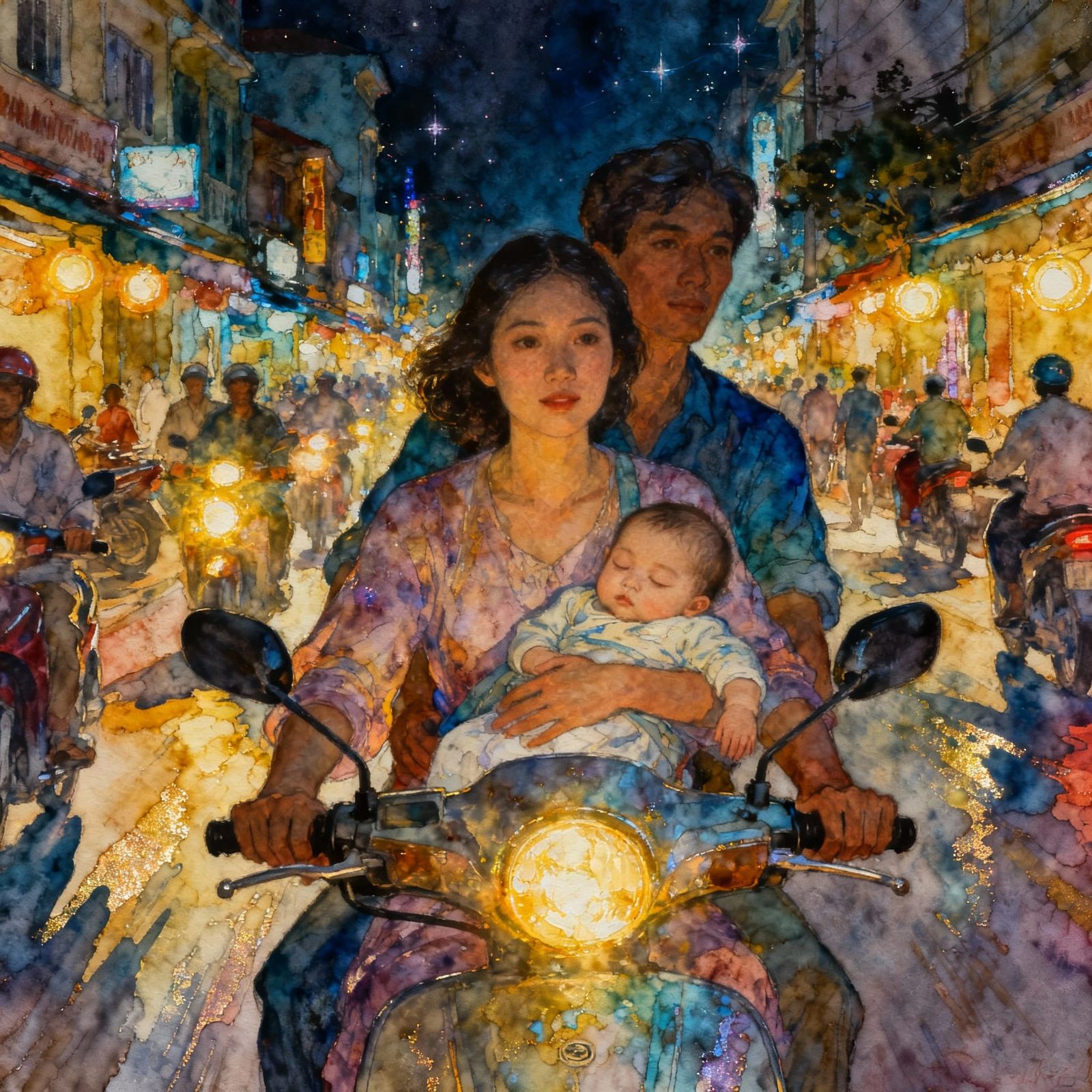 Vietnamese Family Scooter Ride in Ethereal Style