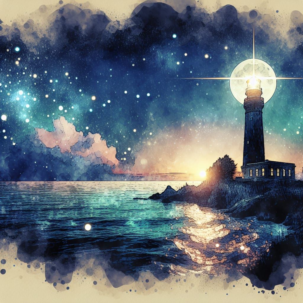 Moonlit Lighthouse Watercolor Illustration