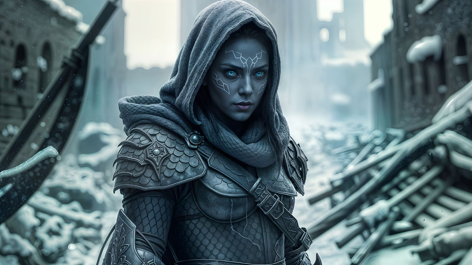 Fierce Female Warrior with Dragon Eyes in Winter