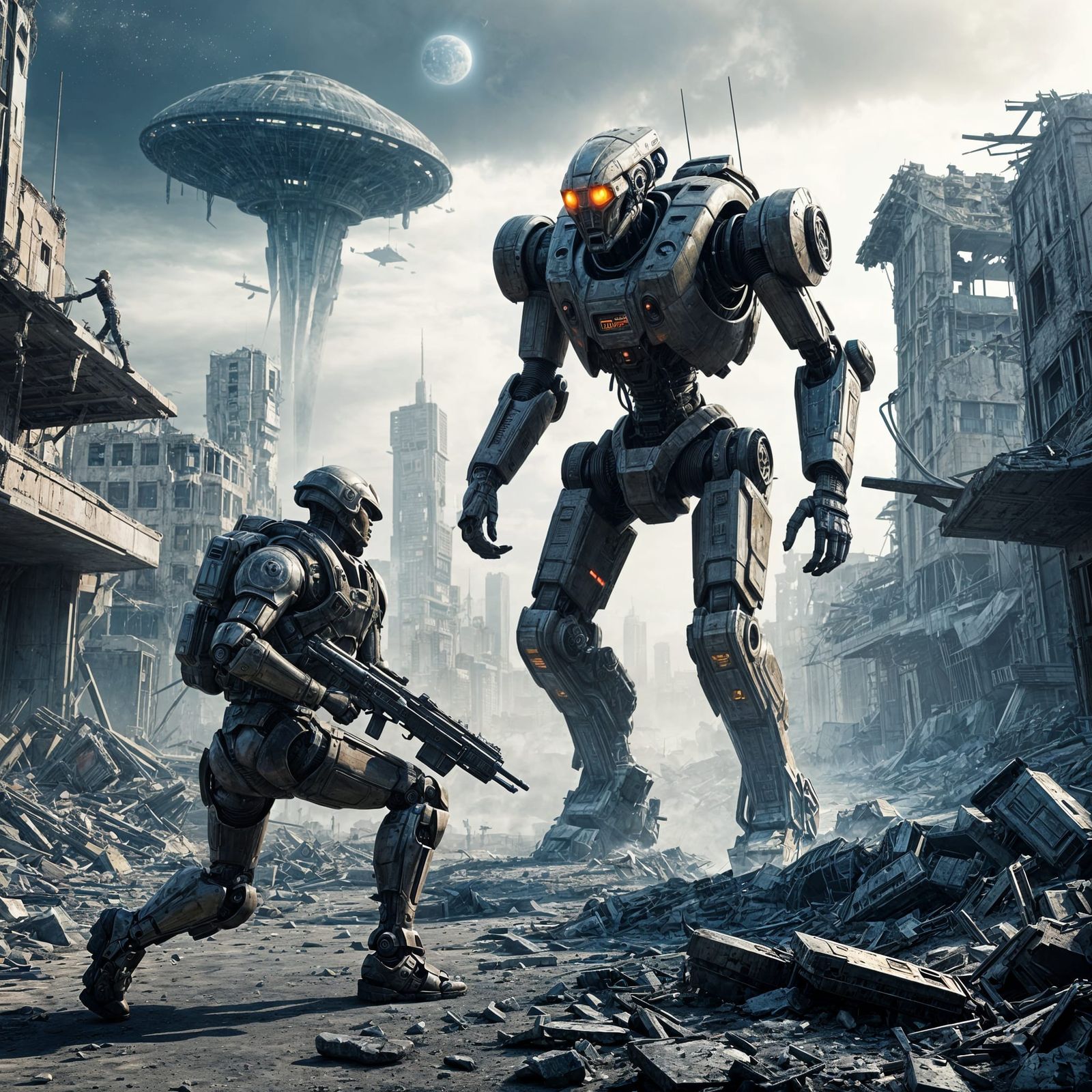 Futuristic Soldier and War Robot in Ruined City