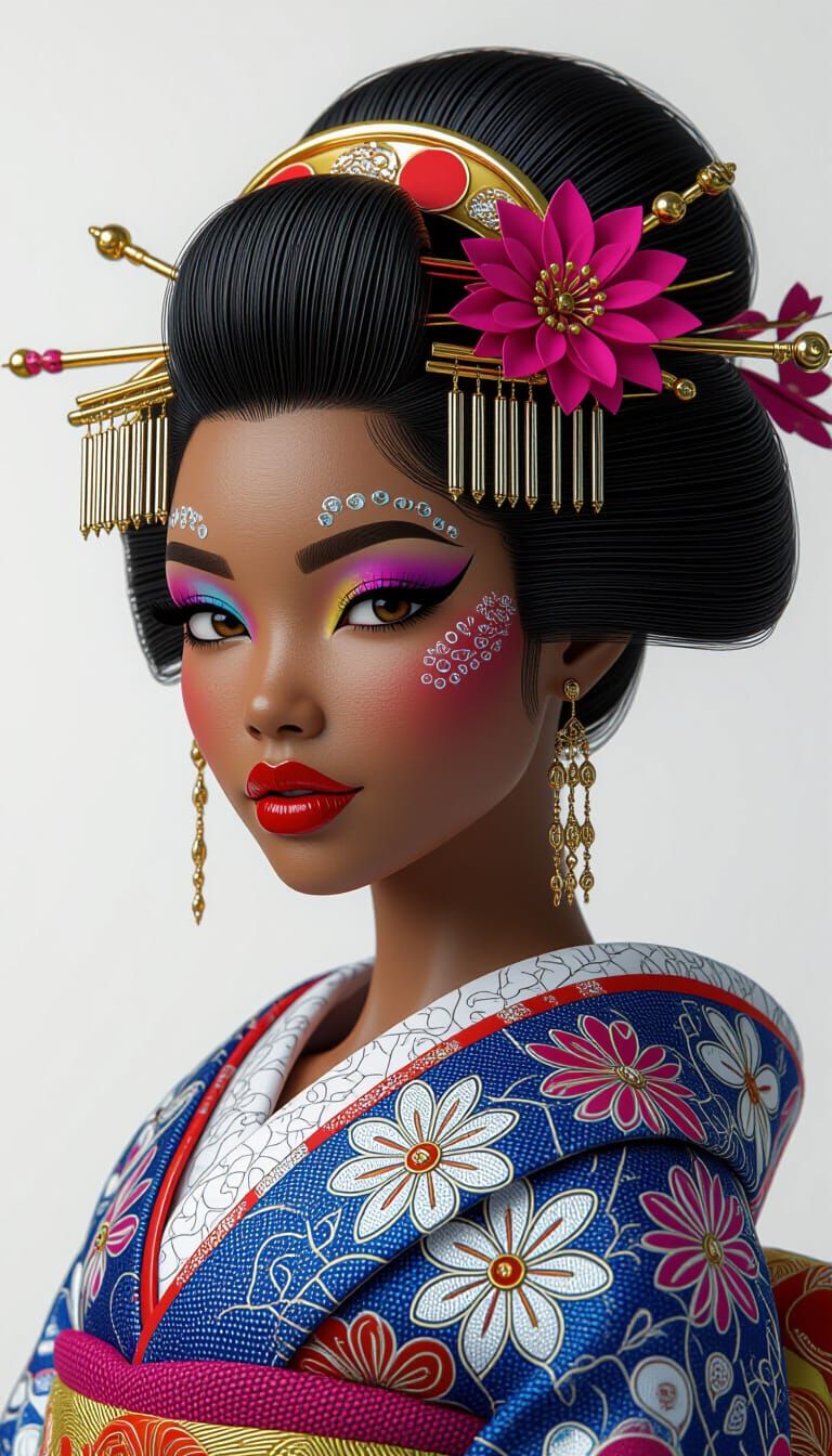 African American-Latina Geisha in 3D Embroidery Style