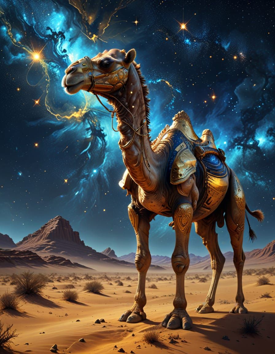 Galactic Camel in Gilded Armor Under Starry Sky