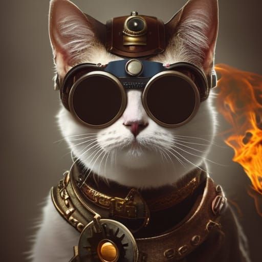 Steampunk Cat in Burning Town: Digital Matte Painting