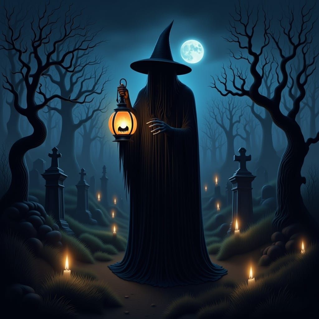 Gothic Ghost Witch in Haunted Graveyard on Halloween