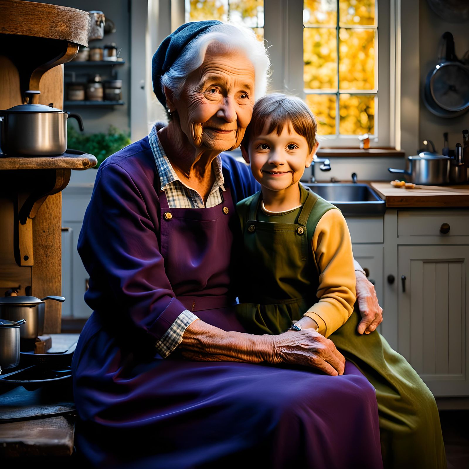 Grandmother and Grandchild in Farmhouse Kitchen