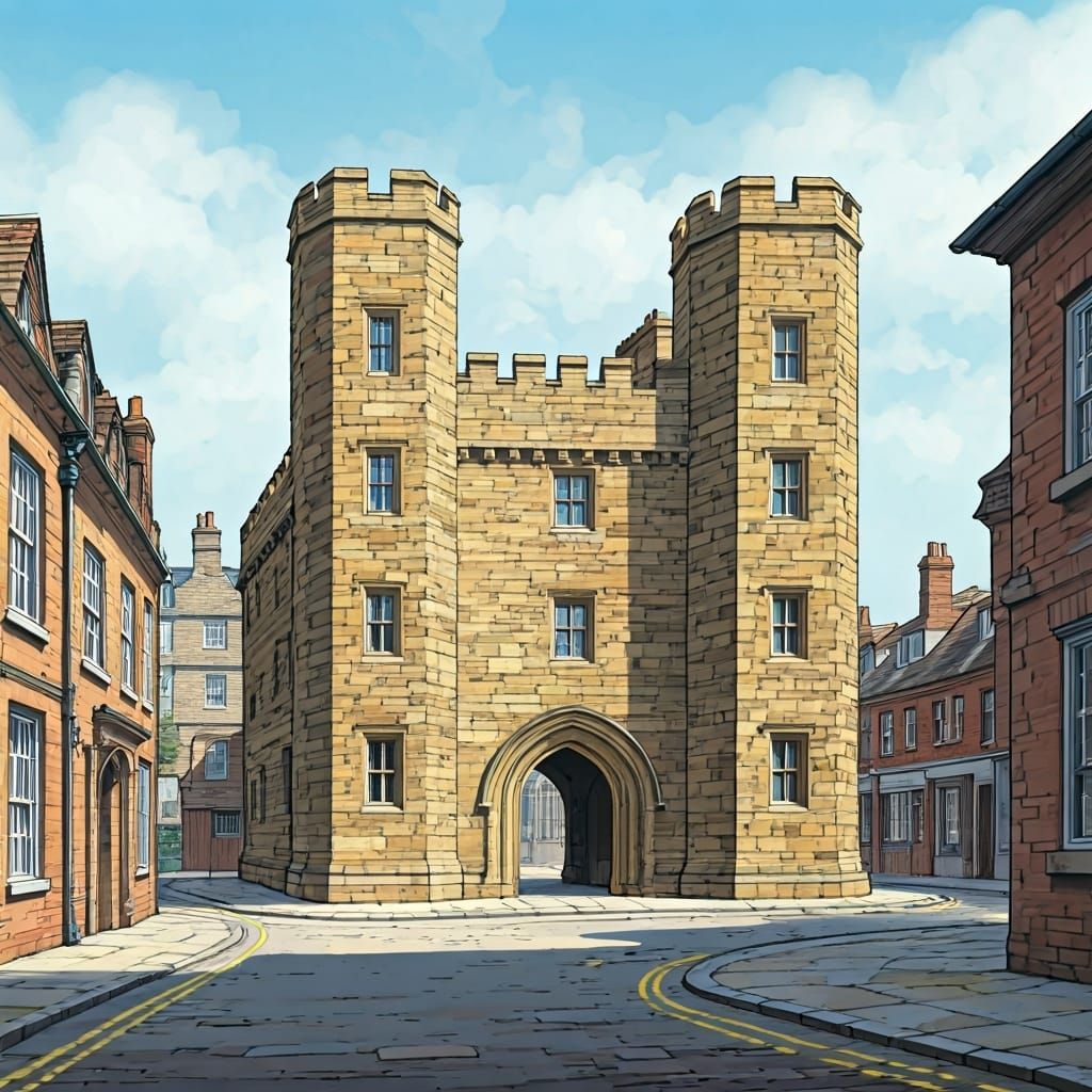 Buckingham Medieval Gaol, sandstone, low rise, symmetrical t...