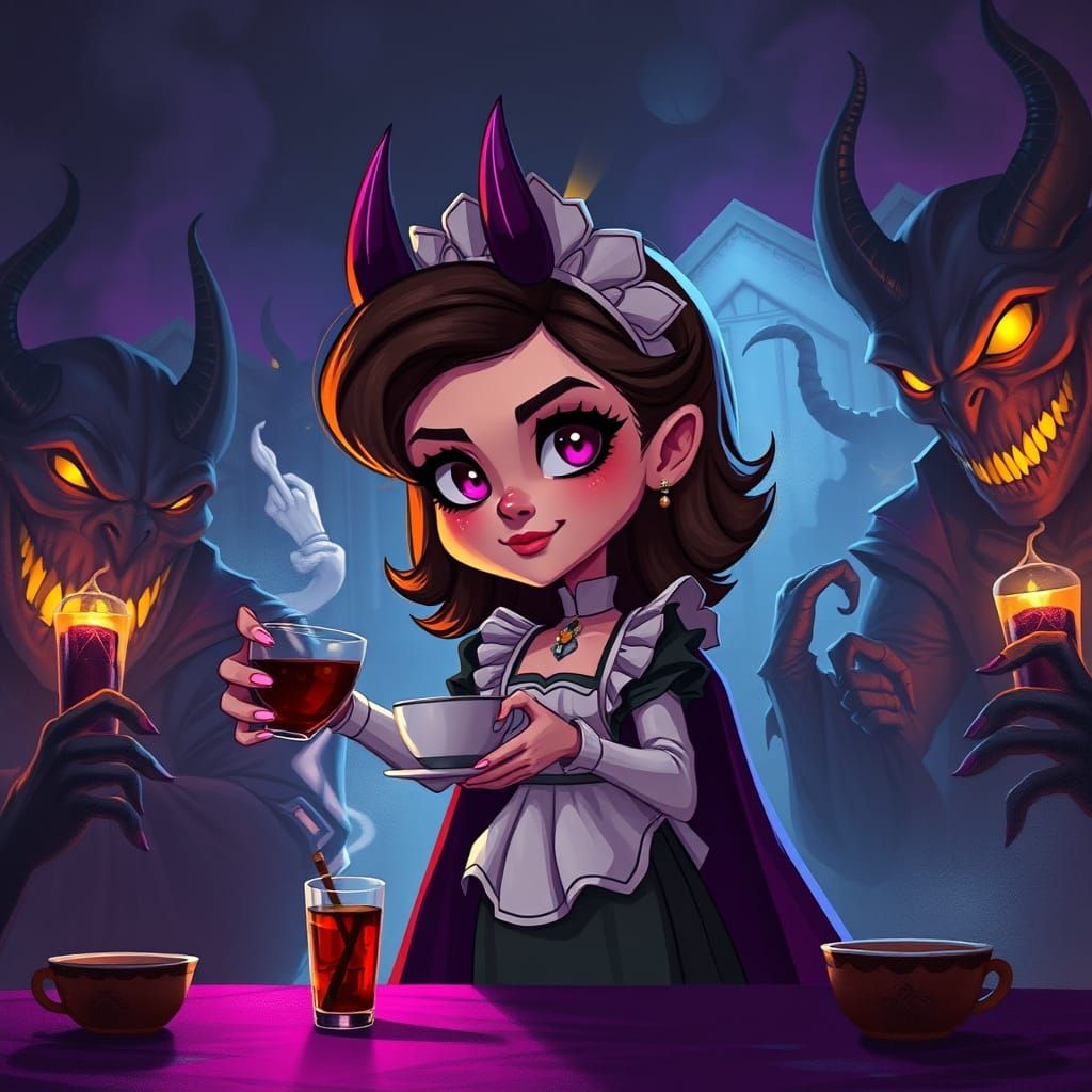 Chibi Caricature of Italian Leader Serving Coffee to Demons