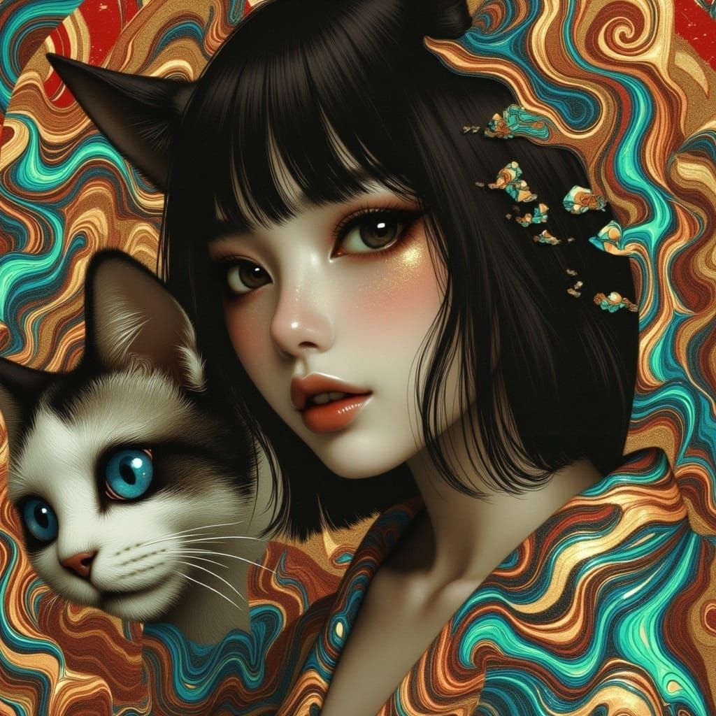 Ethereal Girl in Vibrant Kimono with Curious Cat