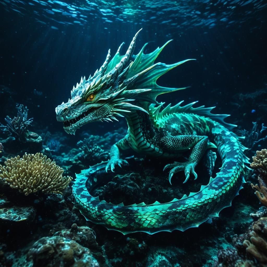 Majestic Water Dragon in Bioluminescent Ocean
