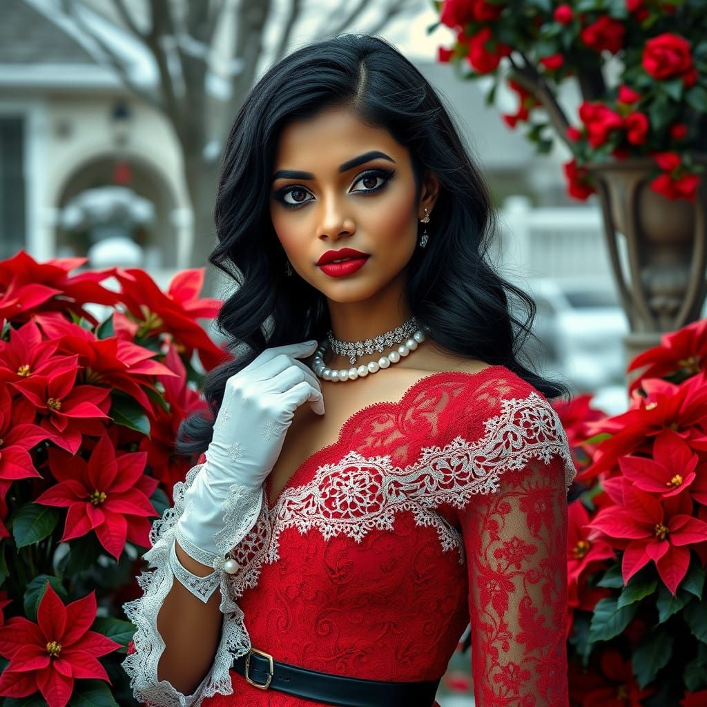 Gothic Holiday Beauty Amidst Vibrant Poinsettias