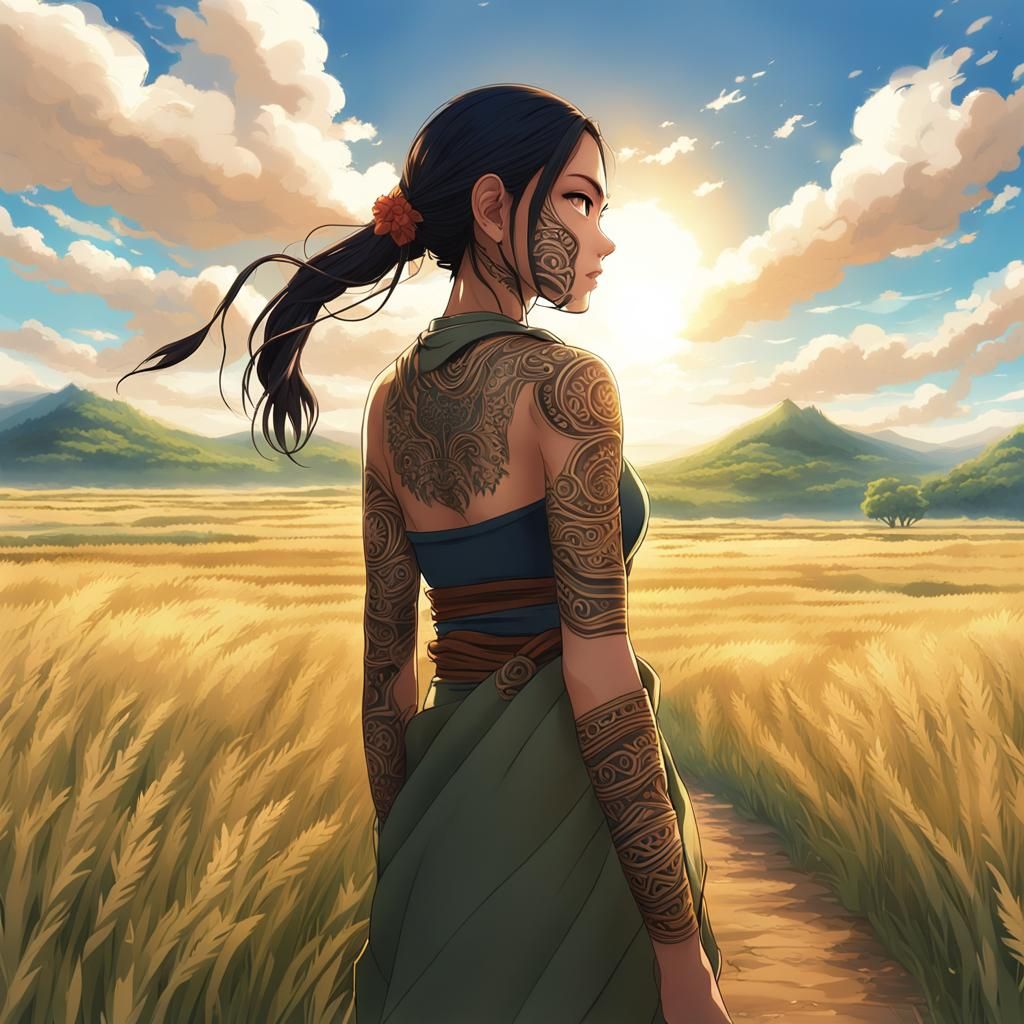 Māori Woman with Shimmering Tattoos in 3D Digital Art