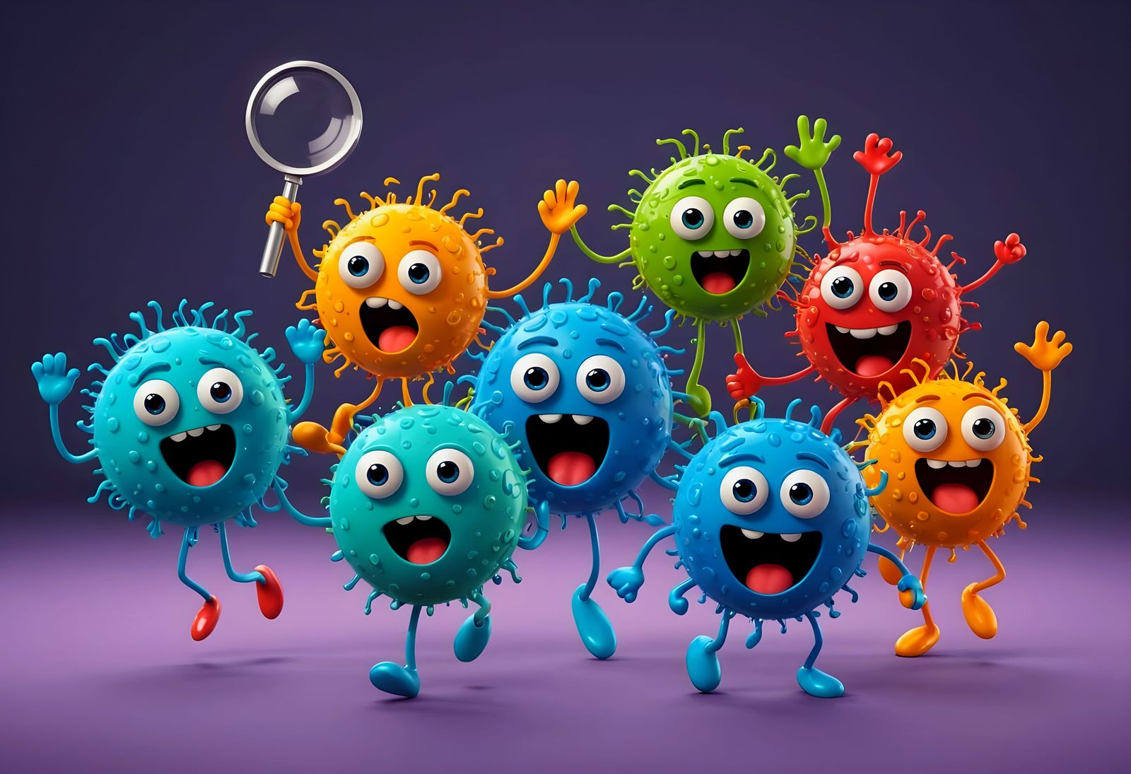 Cute Bacteria Dancing Under Magnifying Glass in Cartoon Styl...