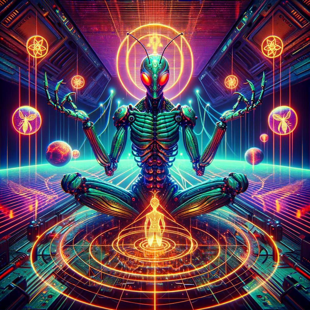 Dimension-Bending Android Hologram in Synthwave Style