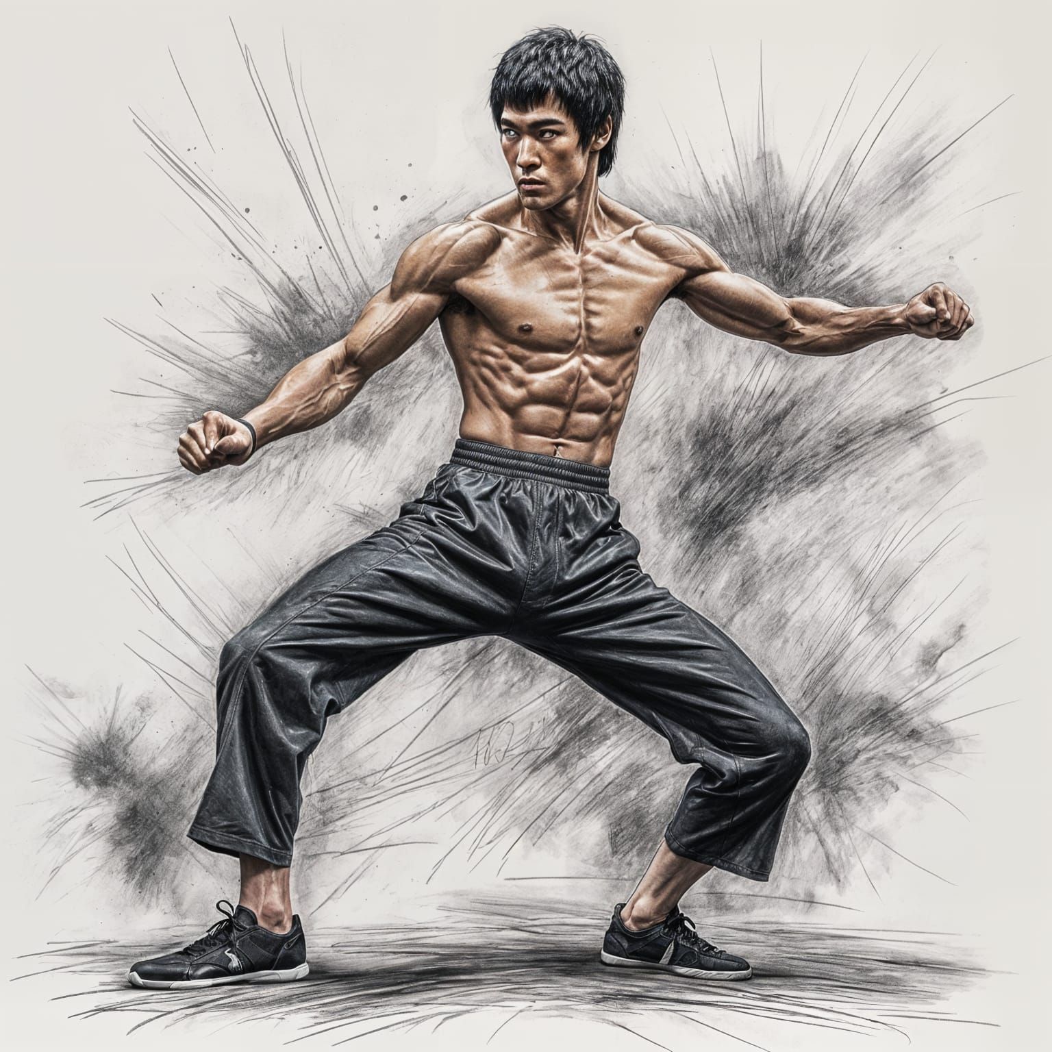 Bruce Lee: Powerful High Kick in Charcoal Sketch