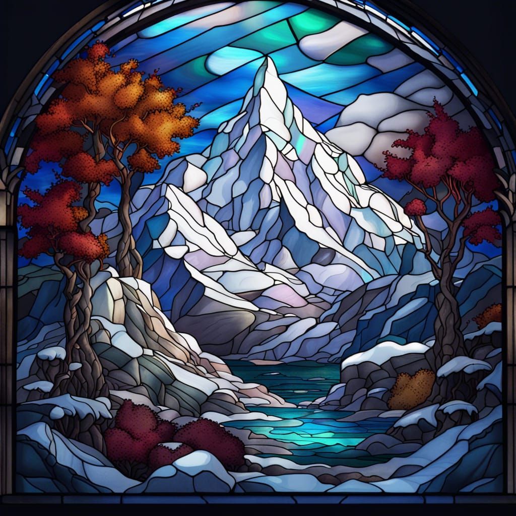 Stained Glass Snowy Mountain: Detailed Digital Art
