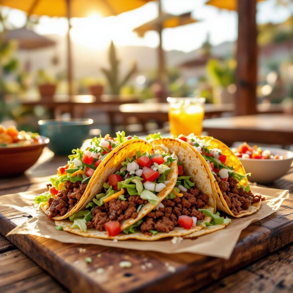 Vibrant Tacos on Rustic Table, Illustrated Style
