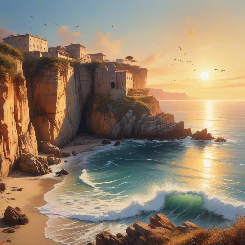 Surreal Watercolour Sunset on Mediterranean Coastline