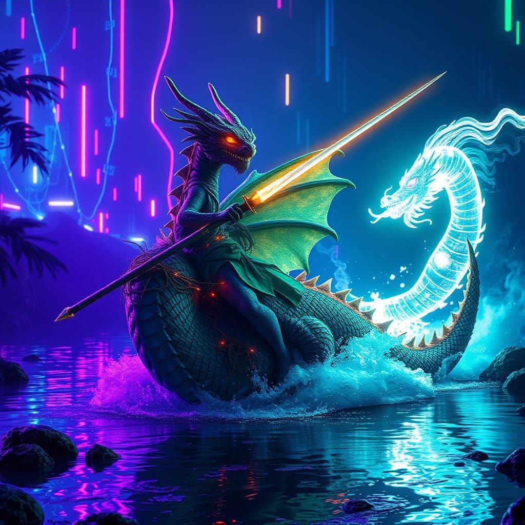 Sea Dragon in Cyberpunk Pond with Energy Katana